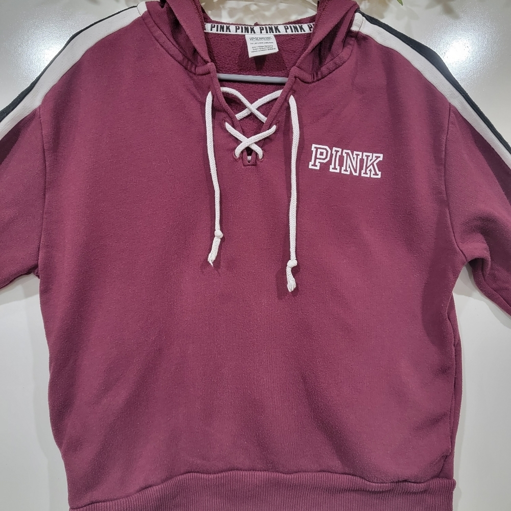 Victoria Secret Pink Maroon Lace Up Hoodie With Pockets, Size XSmall. - Picture 2 of 9